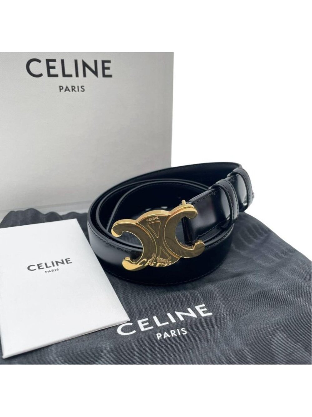Celine Leather Gold Triomphe Buckle Belt Black